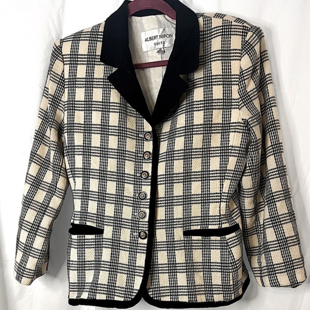Vintage 80s/90s Albert Nipon Wool Plaid Blazer | Black Velvet Trim | Size 10